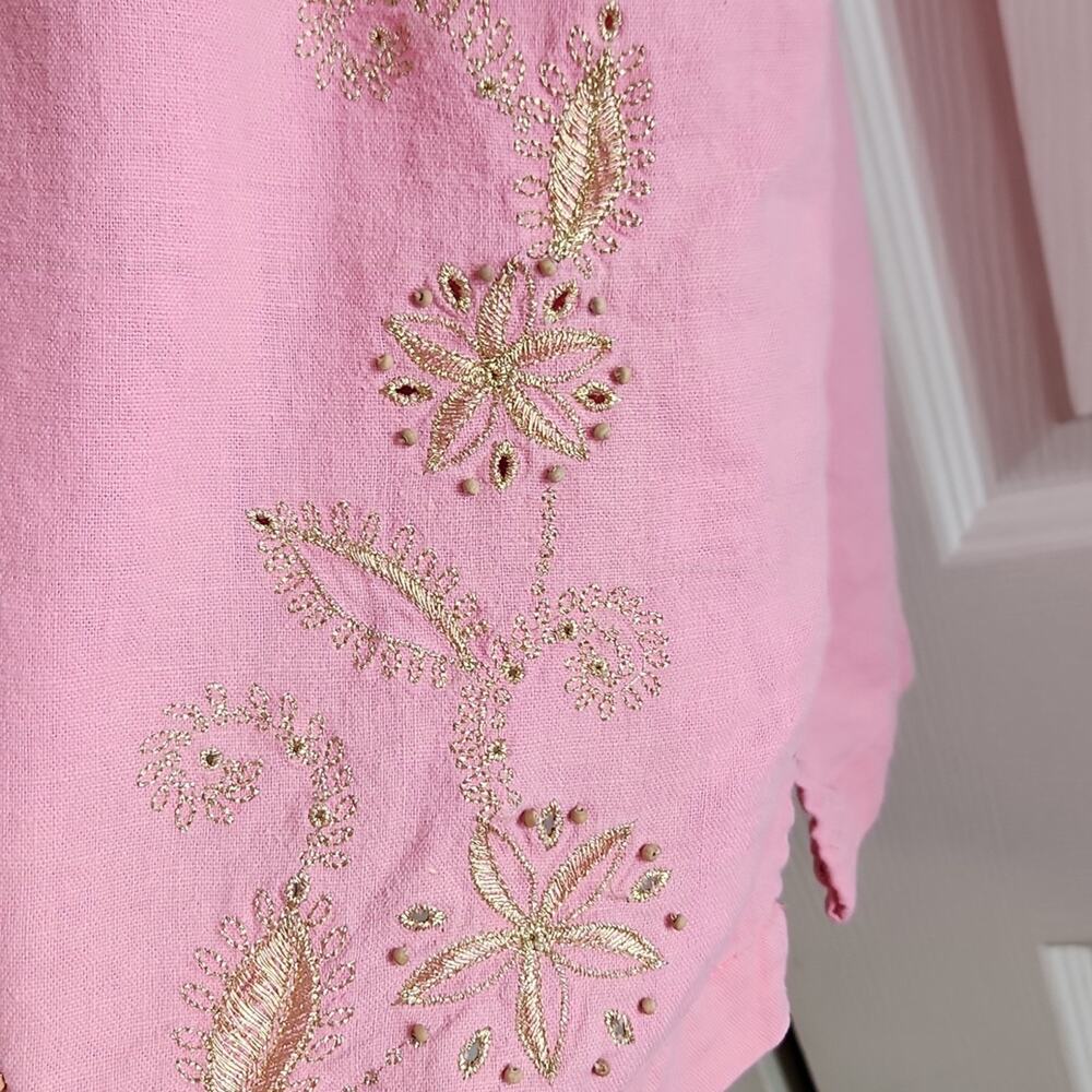 Erika Woman Pink Short Sleeve‎ Button Front Top Size 1X Gold Embroidery Beaded - Picture 6 of 13